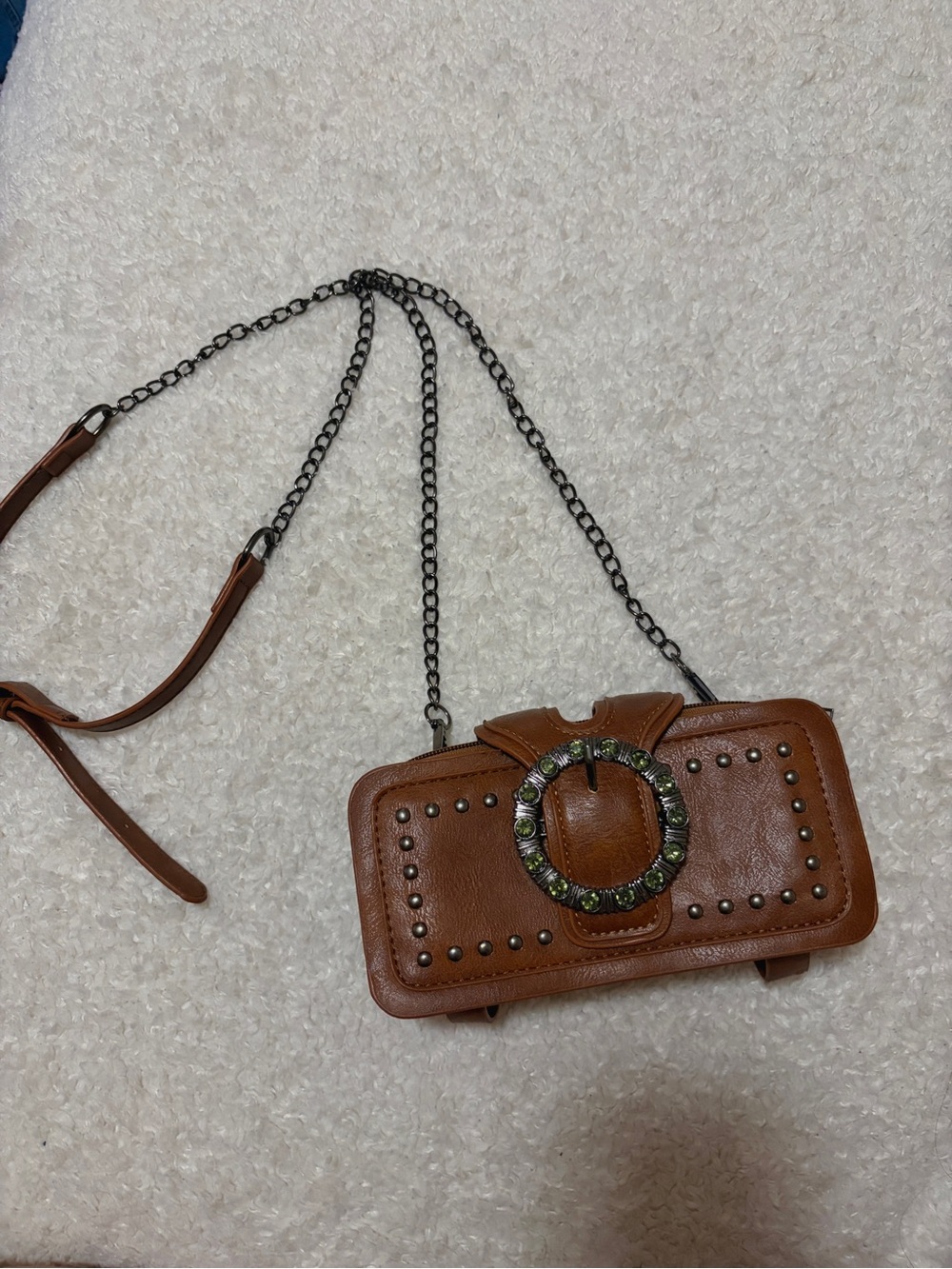 Brown Leather Crossbody Bag with Decorative Buckle